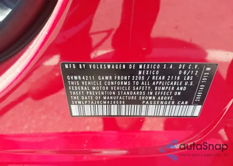 2012 Volkswagen Jetta Sel из США, поврежденный, VIN 3VWLP7AJ6CM428596